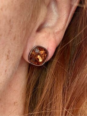 Vintage Givenchy Earrings With Cognac/Brown Cushion Cut Rhinestones - Pierced